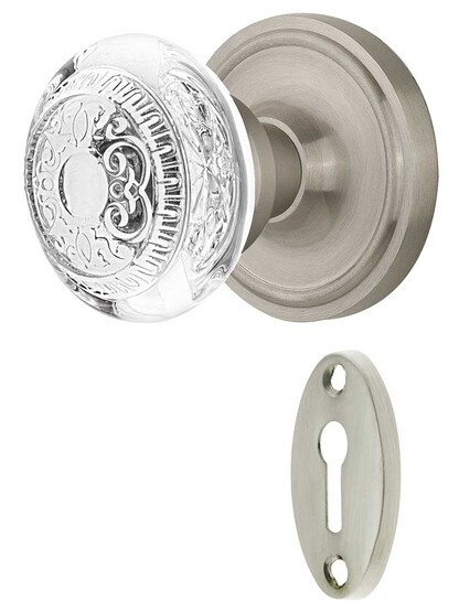 Classic Rosette Mortise-Lock Set with Egg and Dart Crystal-Glass Knobs in Satin Nickel.